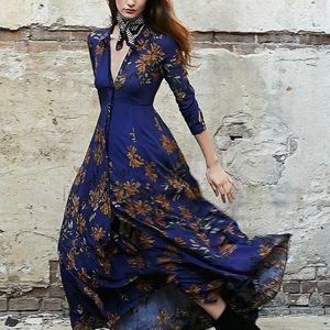 Free People Blue After The Storm Floral Print Boho Maxi Shirt Dress Sz 4
